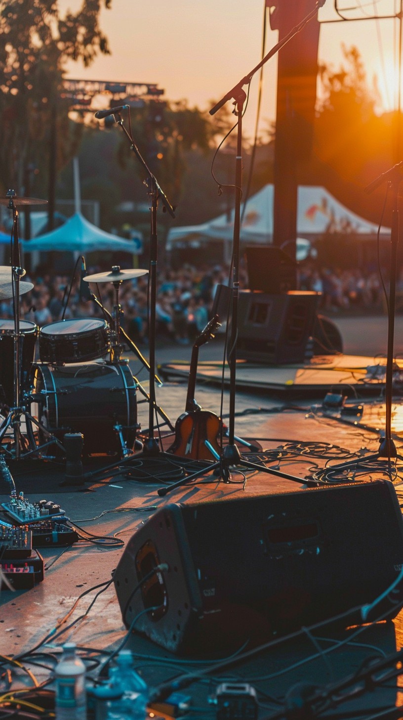 Outdoor concert stage with drums and microphones at sunset